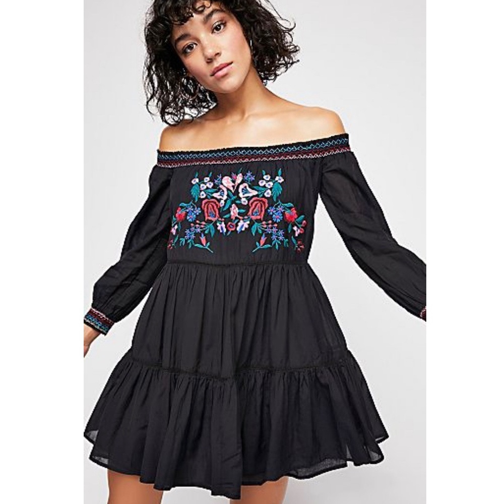 Free People Boho Sunbeam Black Rainbow Floral Embroidery Mini Dress Small